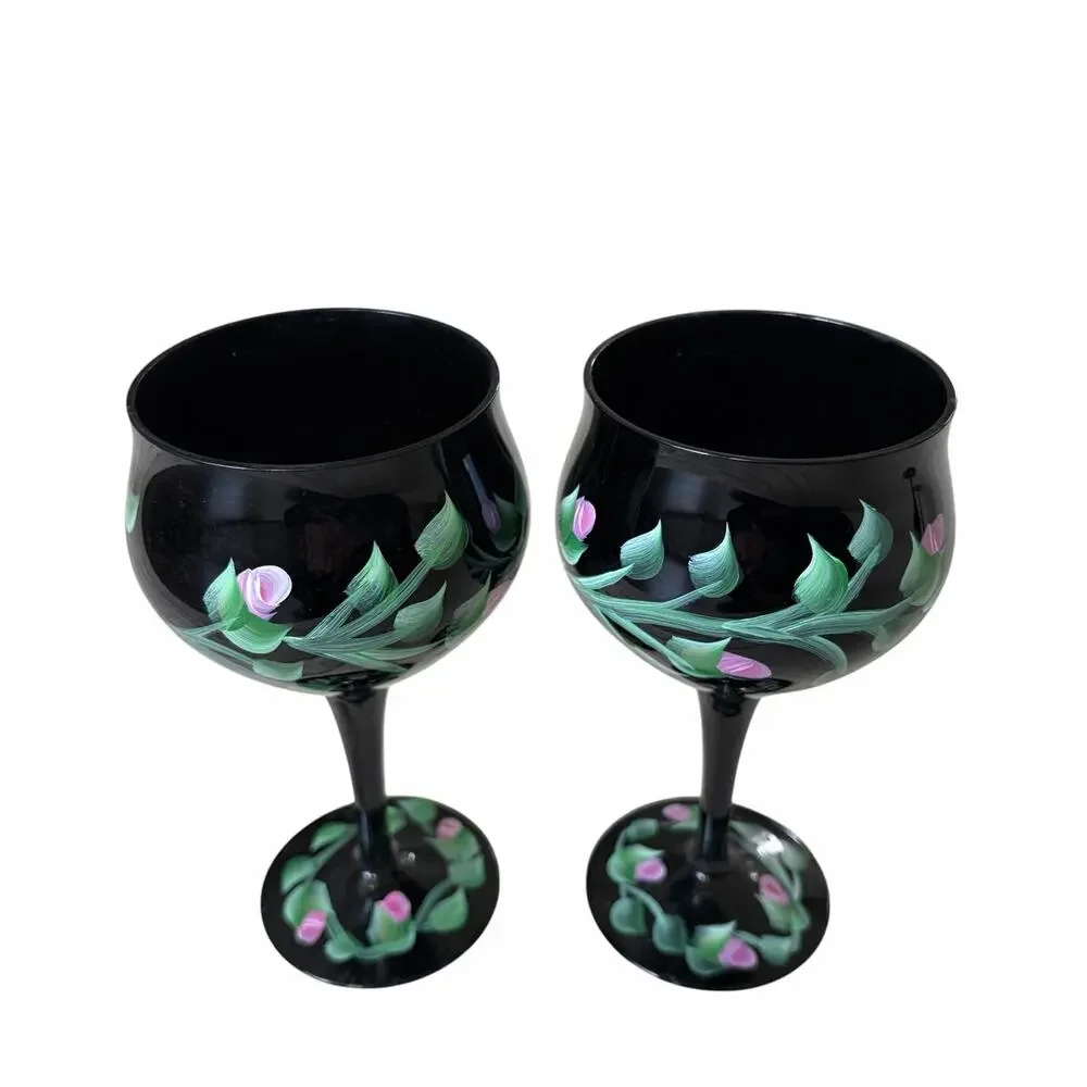 Vintage Hand Painted Floral Black Wine Goblets Set of 2 Chic Barware